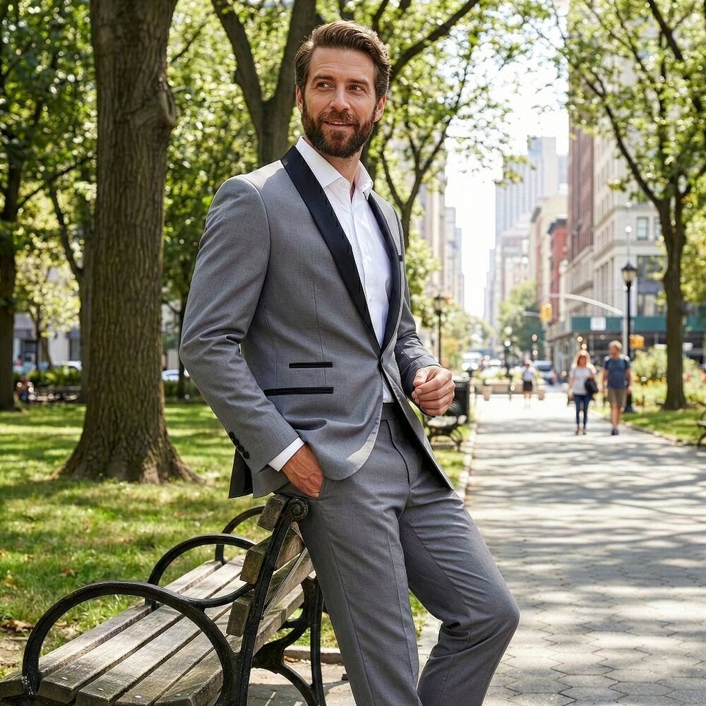 New 2026 Mens 2pc Grey Tuxedo Suit Set, Slim Fit